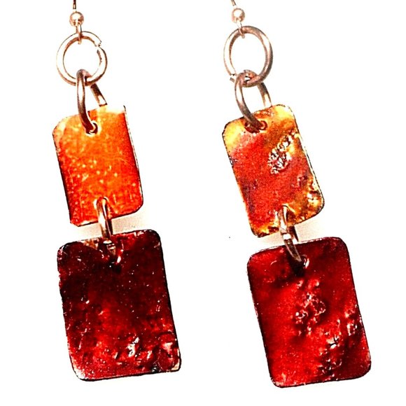 Conceptual Subculture Jewelry - Modernist Minimalist Red Orange Pure Copper Earrings Brutalist Rustic Drop Gift